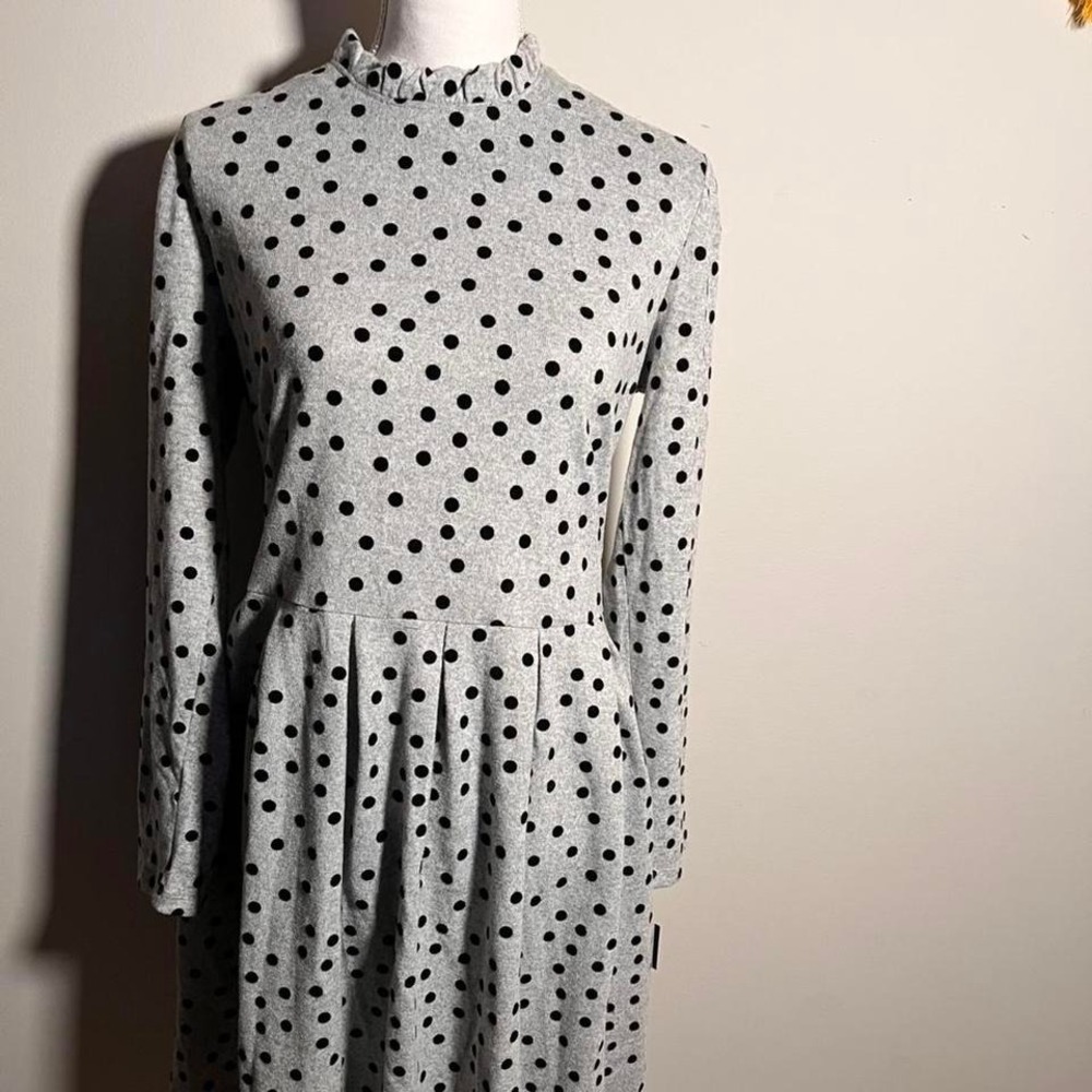 Grey & Black Polka Dot‎ Retro Dress | High Neck Long Sleeve Classic Style